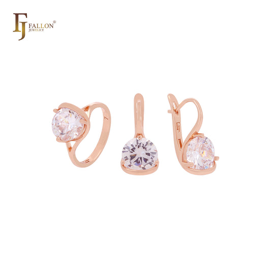 Elegante conjunto de joyas de oro rosa con circonita blanca en solitario con garras y anillos