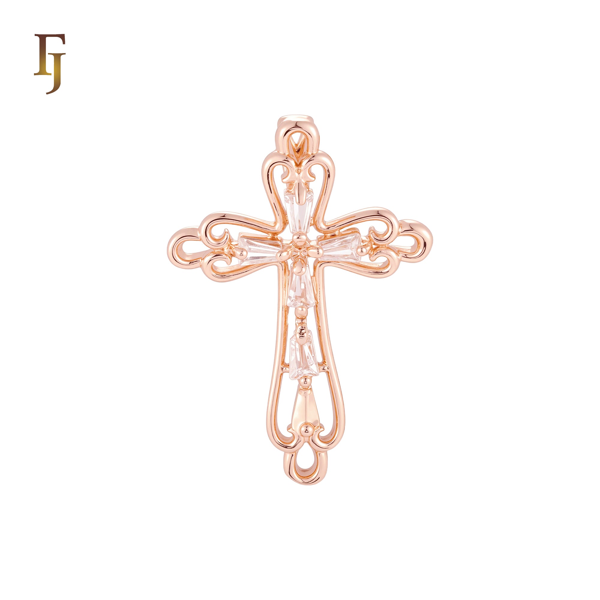 Cluster Baguette white CZs Rose Gold Cross Pendant Christian Catholic Religious