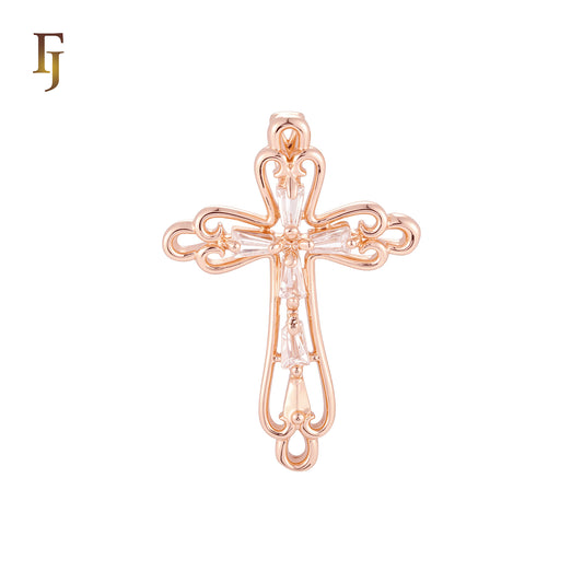 Cluster Baguette white CZs Rose Gold Cross Pendant Christian Catholic Religious