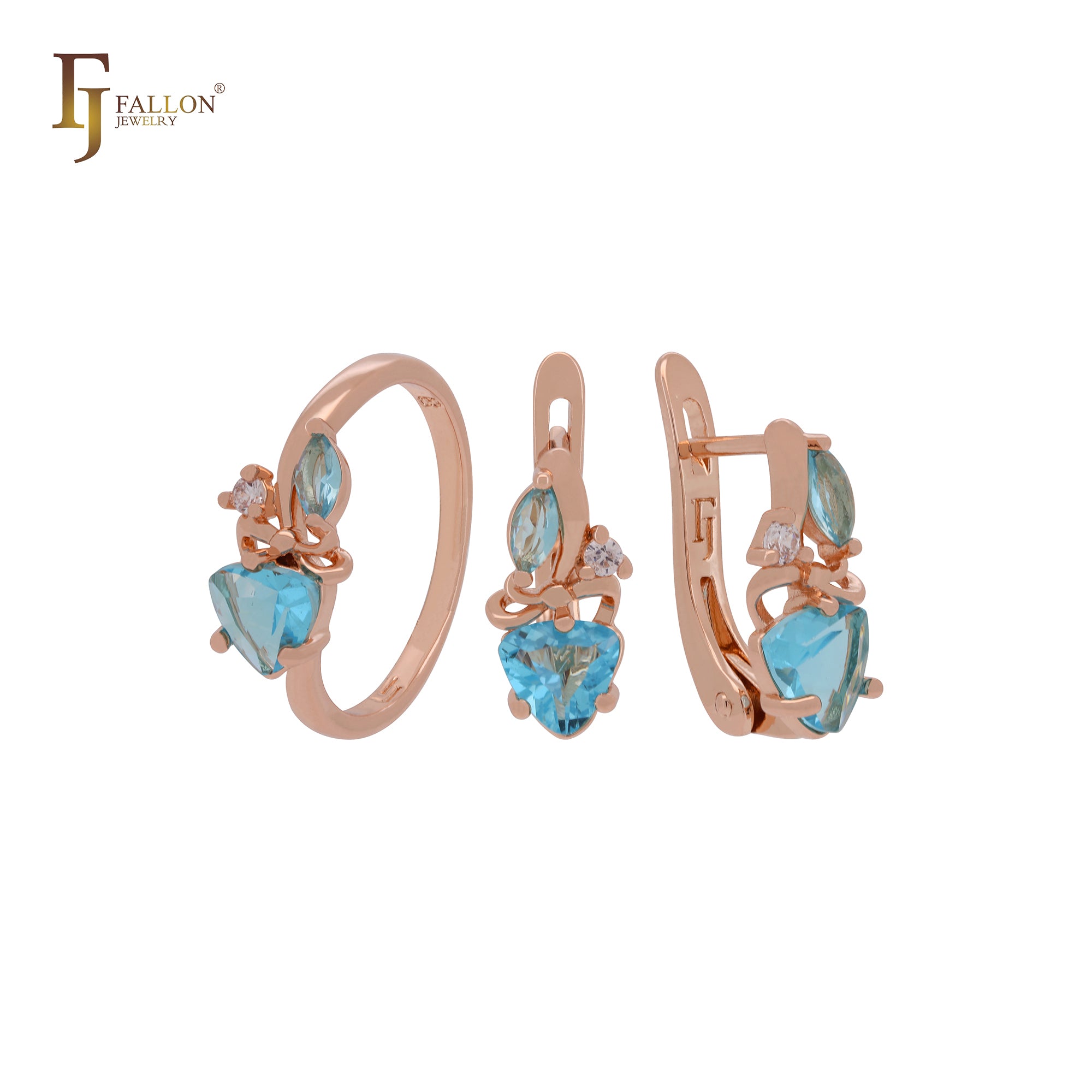 Conjunto de joyas de oro rosa con circonitas cúbicas en azul lago y anillos
