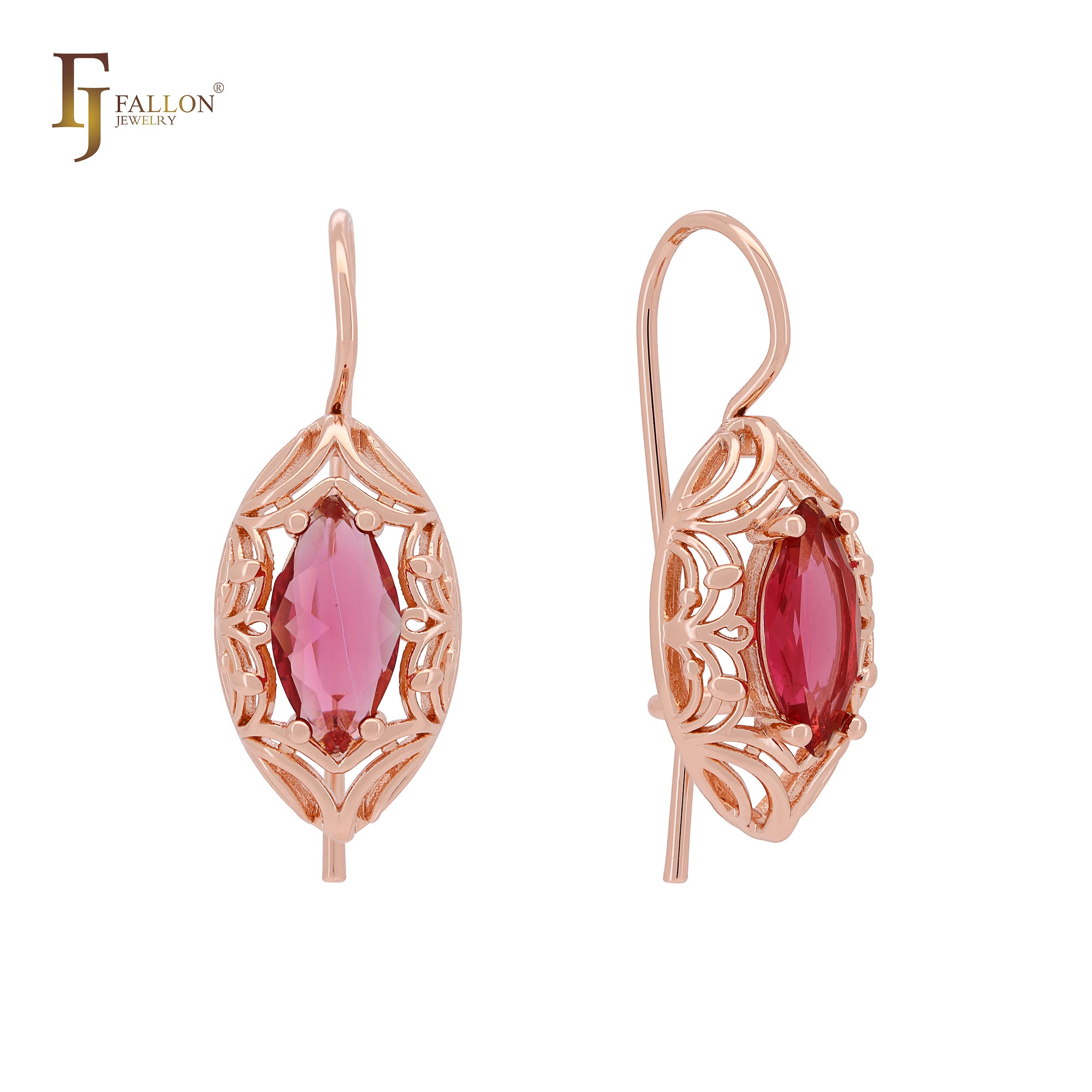 Серьги-крючки из розового золота с филигранным красным фианитом маркиза