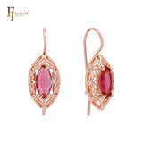 Серьги-крючки из розового золота с филигранным красным фианитом маркиза