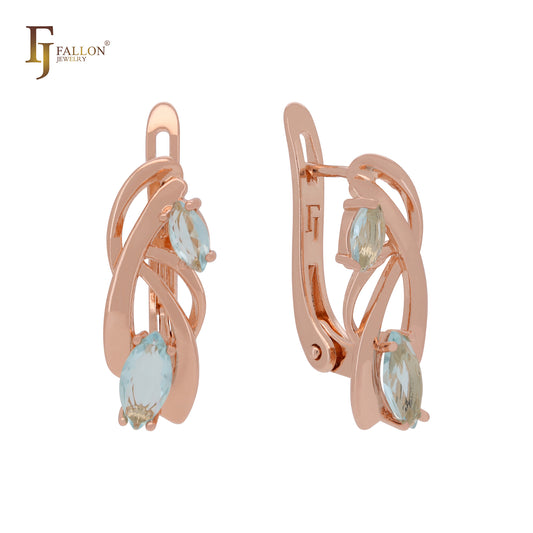 Pendientes de clip de oro rosa con circonitas marquesinas y doble azul lago
