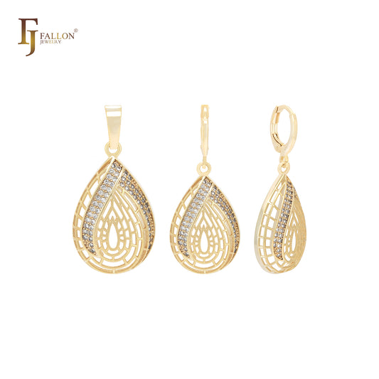 Conjunto de joyas de oro de 14 quilates con colgante en forma de pera y filigrana de circonitas blancas