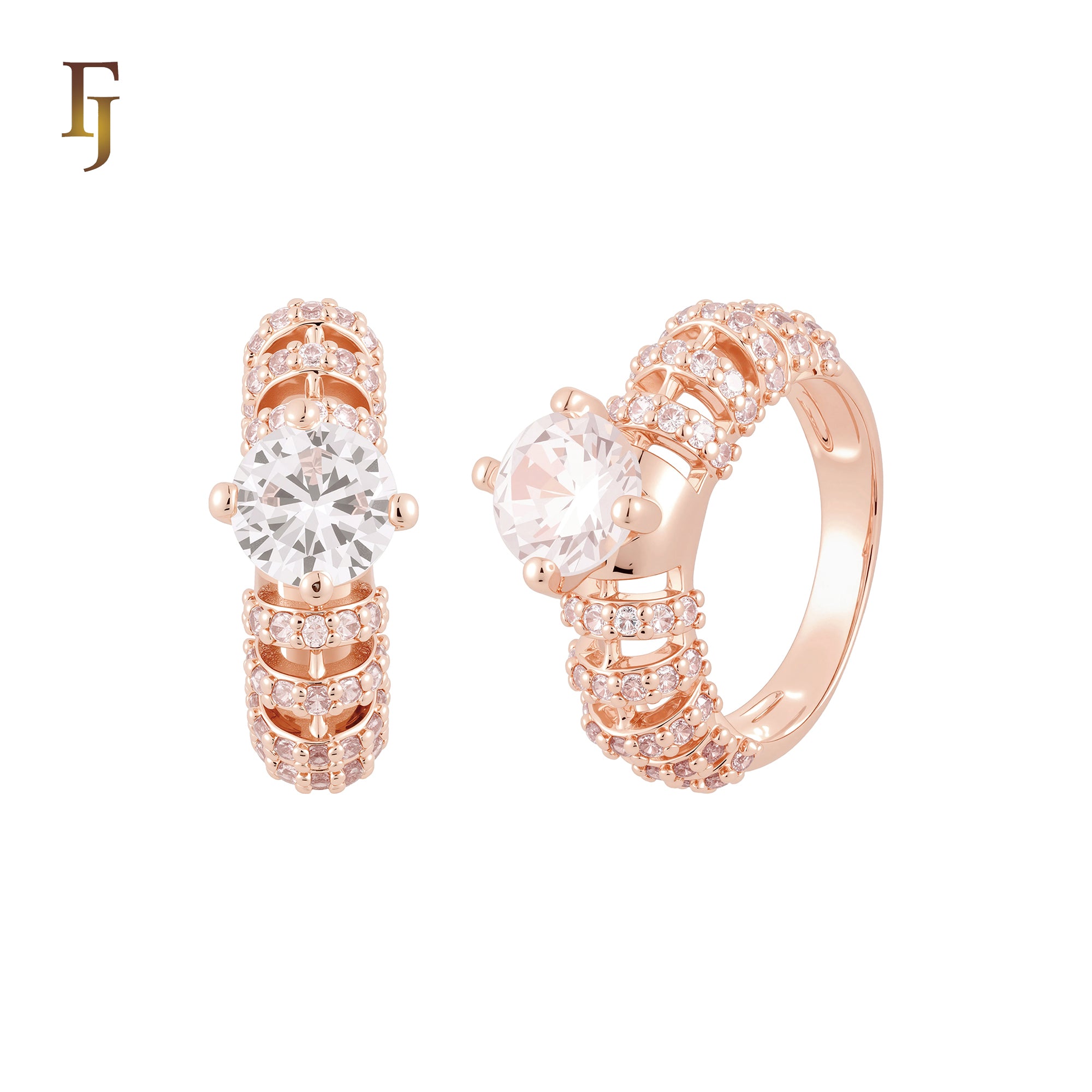 Thousand parallel bands of white CZs 14K Gold, Rose Gold Wedding Set Rings Engagement and Band