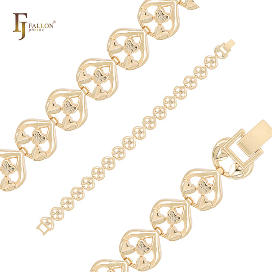 Dreifachherz-Armbänder aus 14 Karat Gold mit ausgefallenen Gliedern