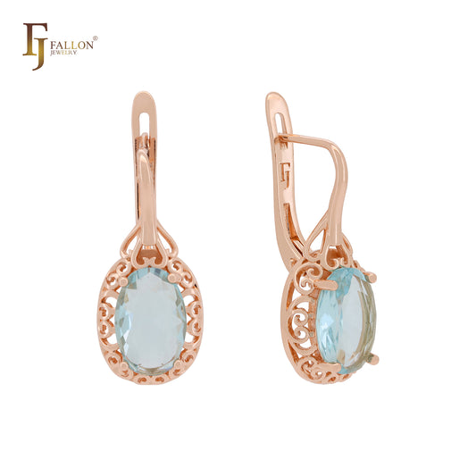 Pendientes de clip de oro rosa con circonitas cúbicas en azul lago con halo de filigrana y ondas abundantes