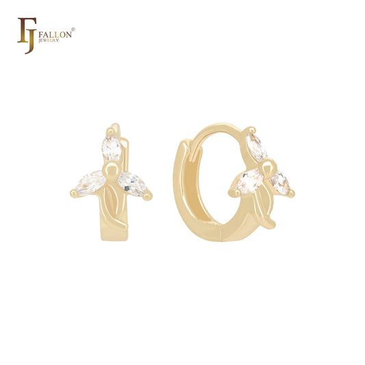 Pendientes Huggie de oro de 14 quilates con triple circonita cúbica blanca tipo marquesa