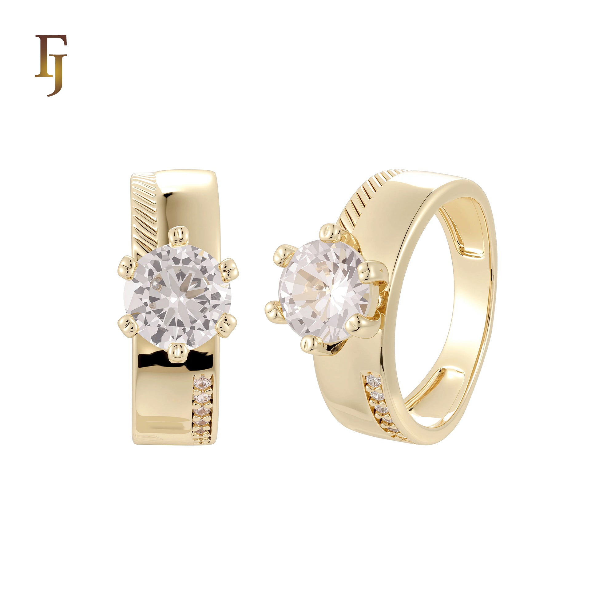 Wide hammered and paved white CZs 14K Gold, Rose Gold Wedding Set Rings Engagement and Band