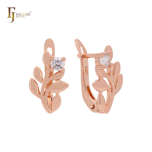 Pendientes de clip de oro rosa con circonitas blancas y rama floreciente