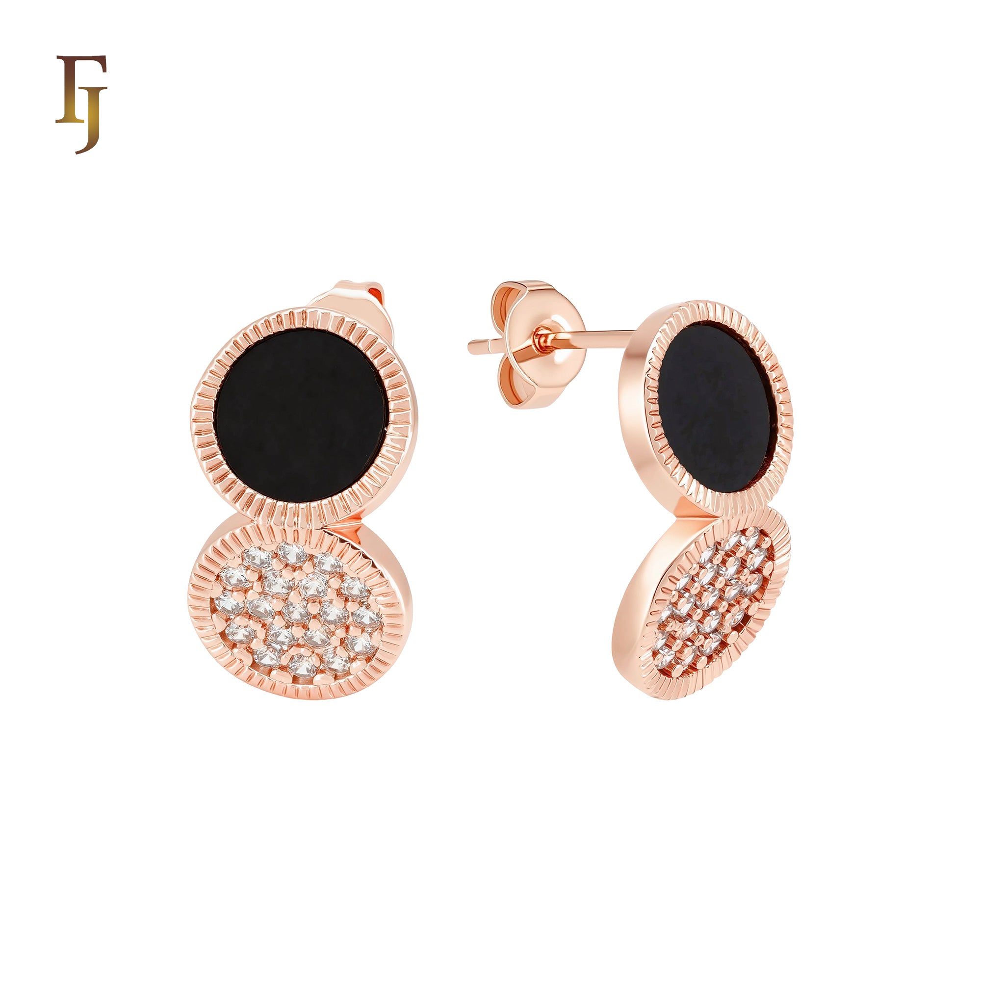 Rounded double disc of white or black onyx and white CZs cluster 14K Gold, Rose Gold Stud Earrings