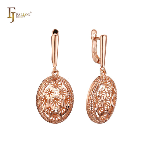 Drop Oval Radiant Snowflake Filigree Rose Gold Russian Lock Earrings