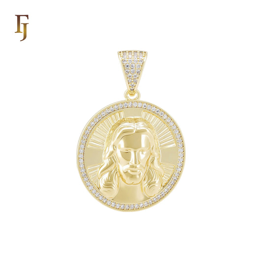Portrait of Jesus Christian paved halo white CZs 14K Gold Pendant Religious
