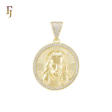 Portrait of Jesus Christian paved halo white CZs 14K Gold Pendant Religious