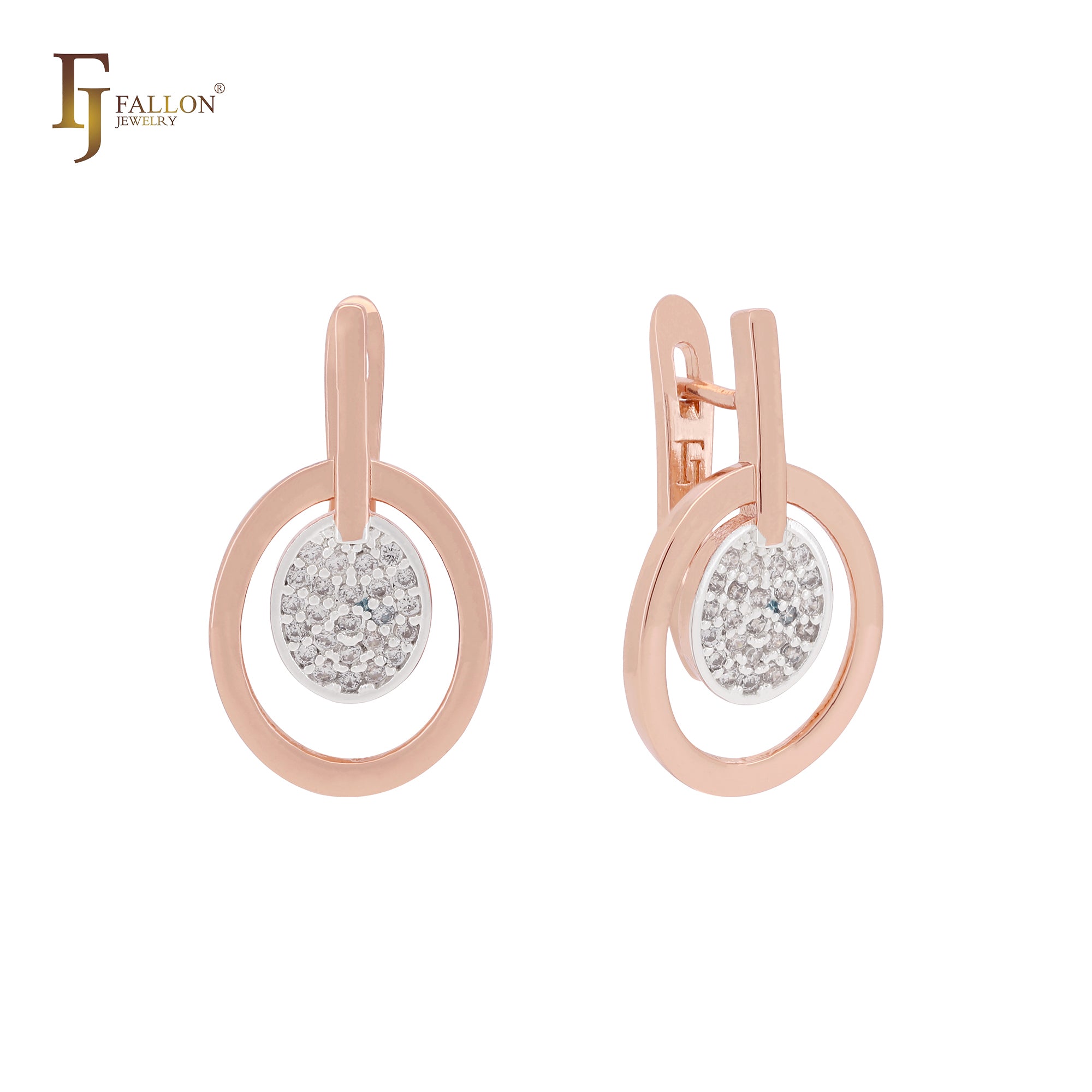 Серьги-клипсы из розового золота двухцветные, с белыми фианитами