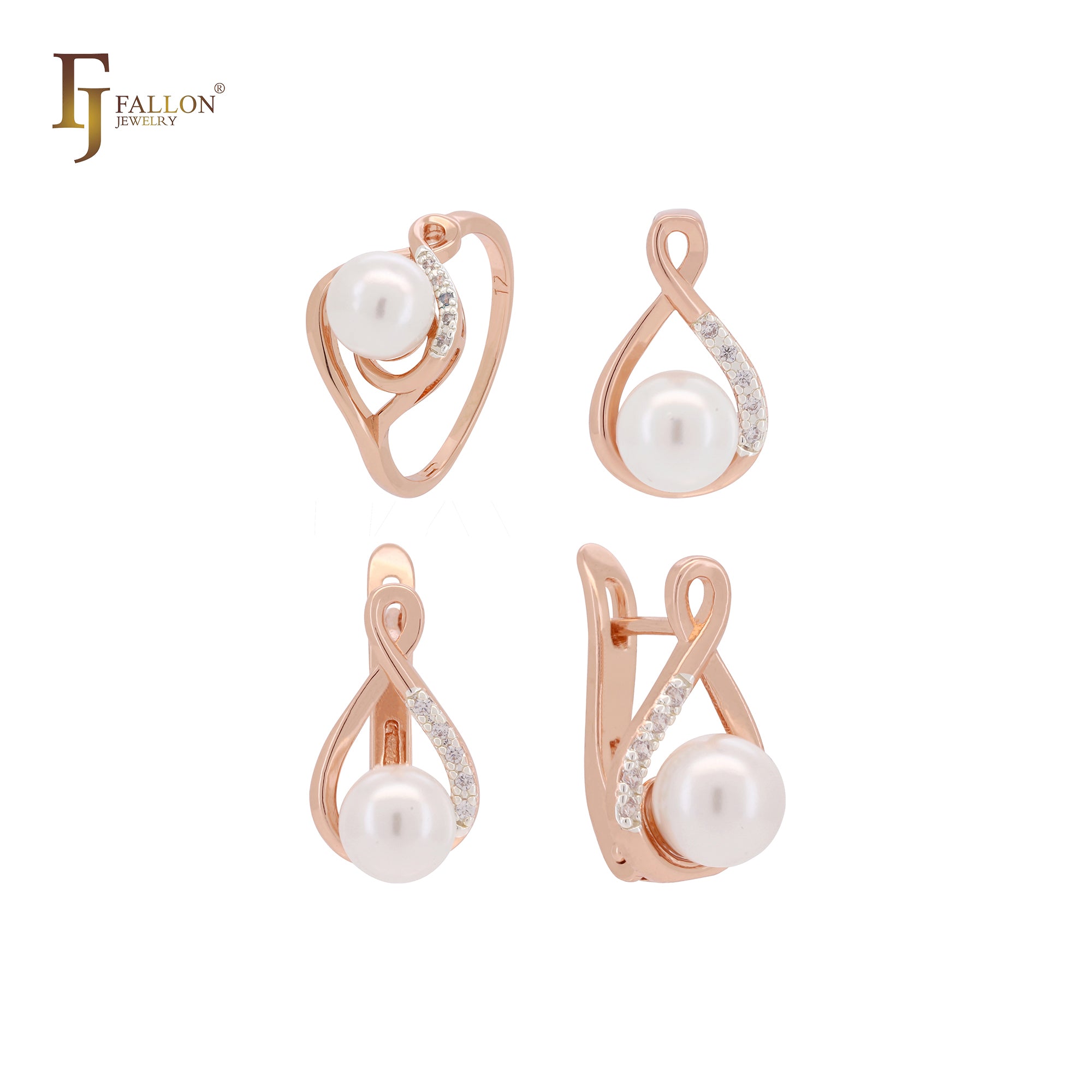 Conjunto de joyería minimalista en oro rosa de dos tonos con perla y circonitas blancas, anillos y colgante.