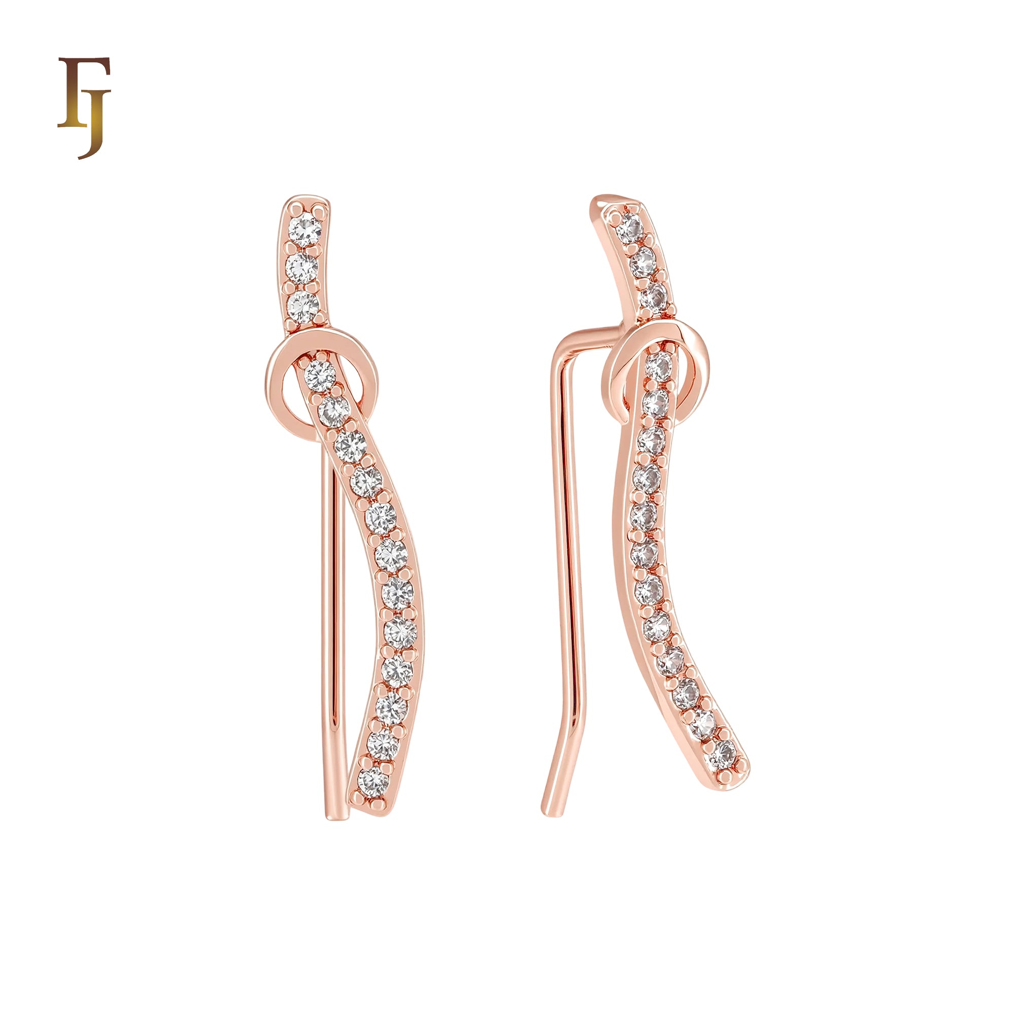 Paved white CZ ribbon crossing circle Rose Gold Crawler Ear Climber Earrings