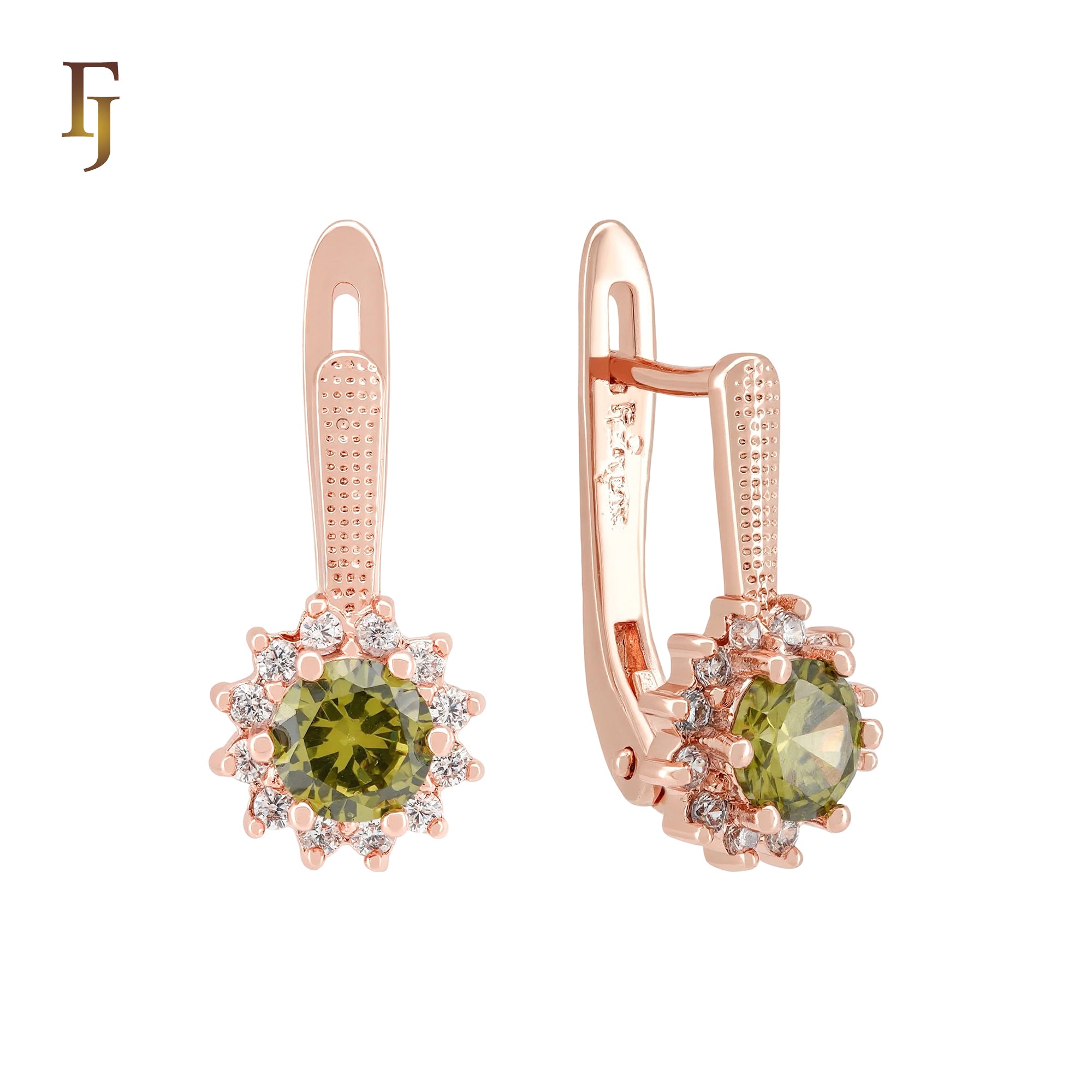 Halo Olive Green Flower Rose Gold Russian Lock Earrings