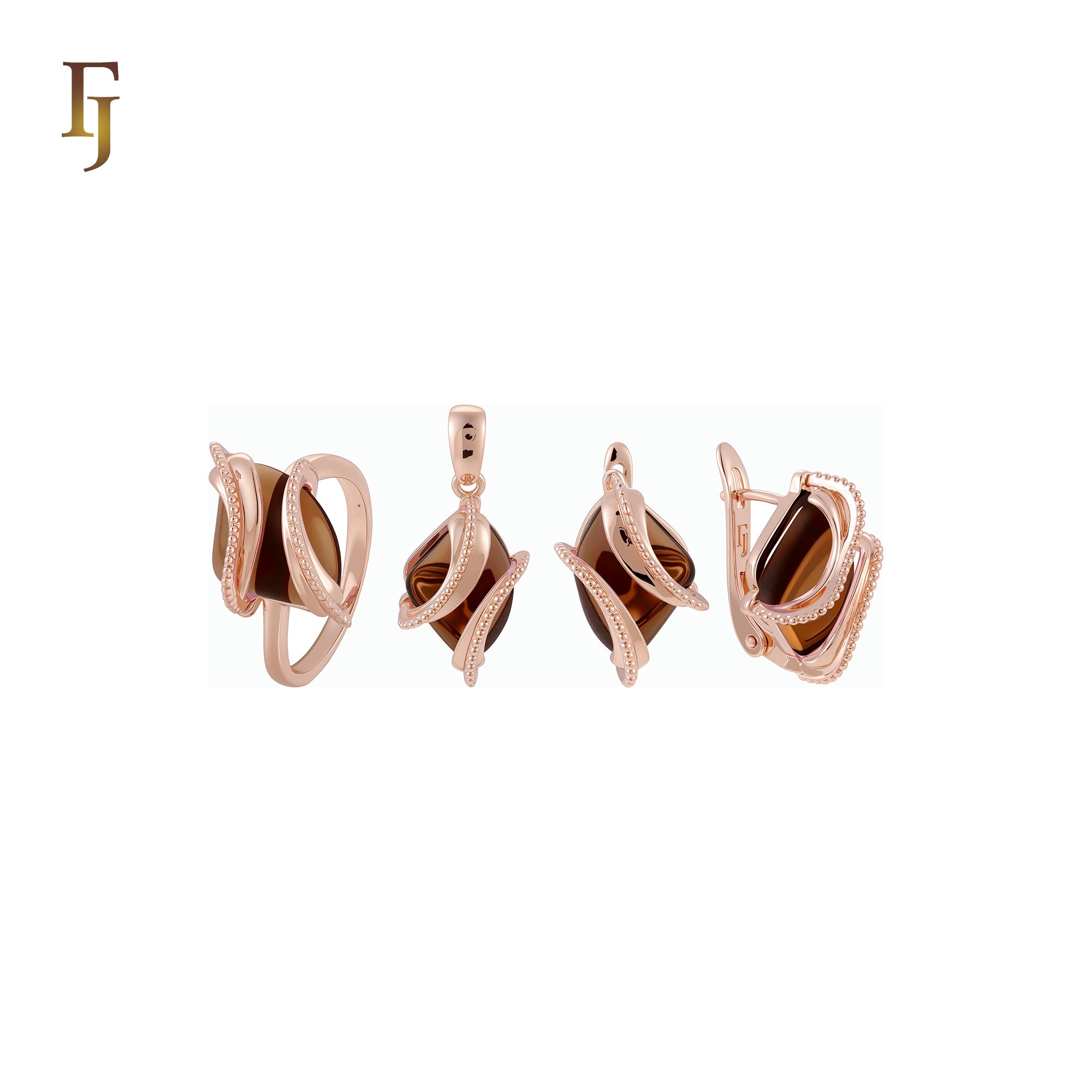 Double Ribbons clawed elegant Solitaire Colorful CZ Rose Gold Jewelry Set with Rings and Pendant