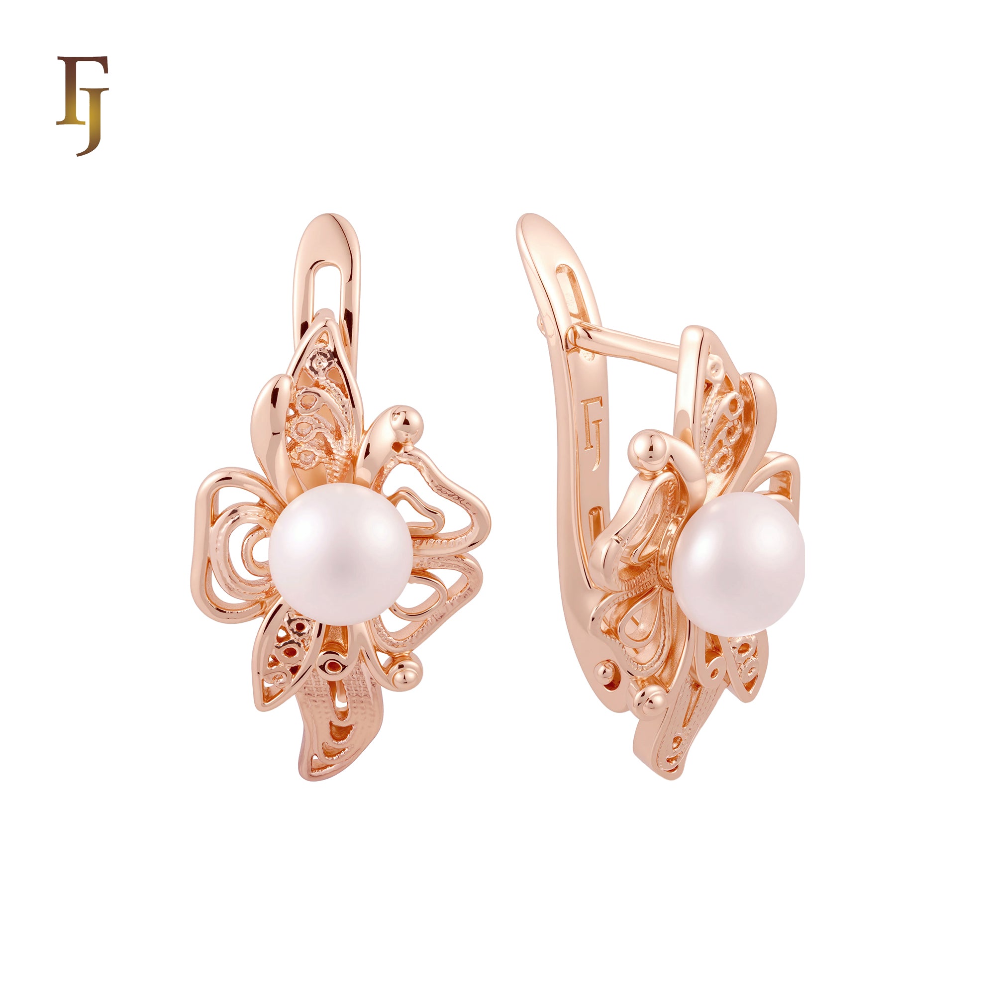Flower filigree dancing Solitaire Pearl Rose Gold Russian Lock Earrings