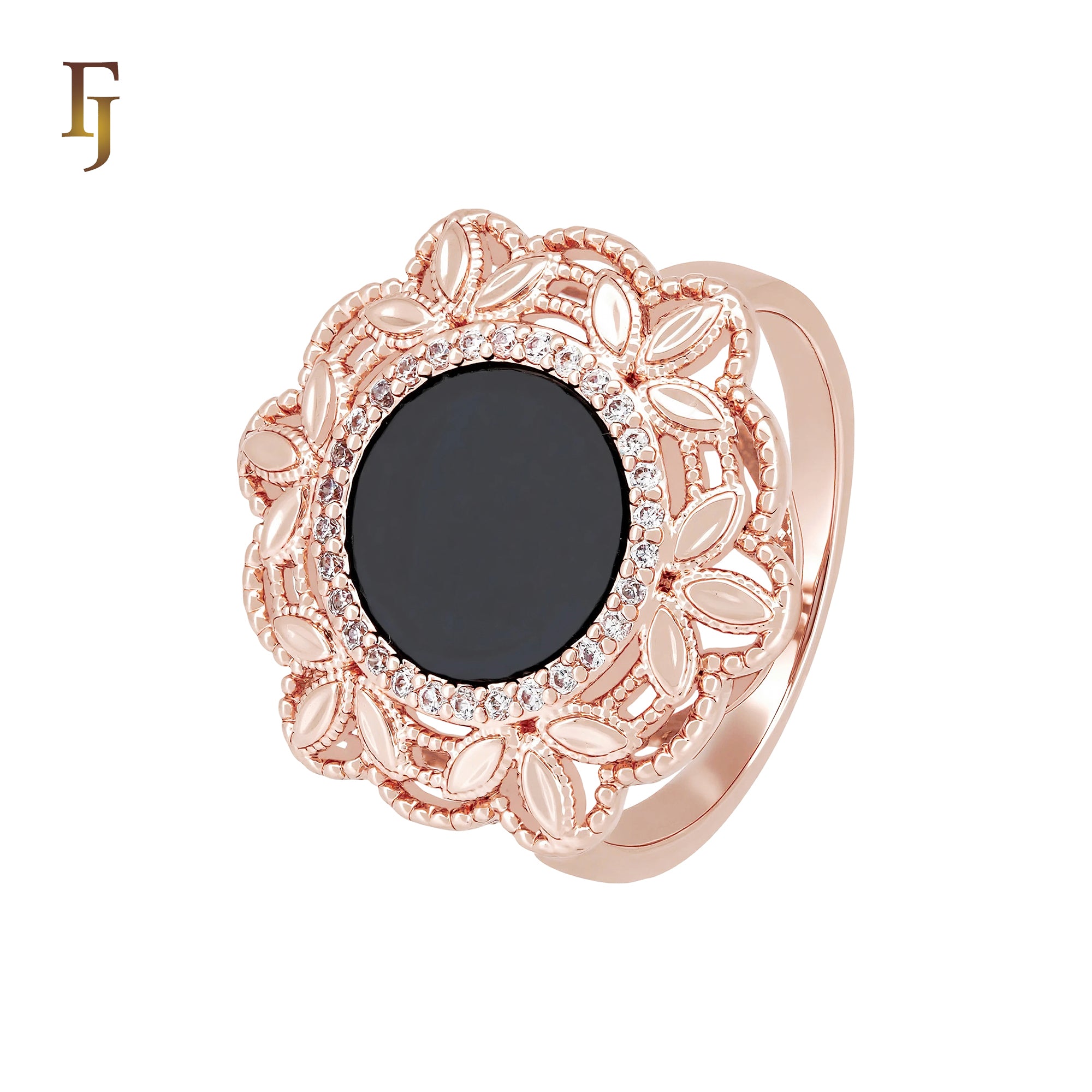 Leaves and Flower halo white CZs surrounding Rounded Black Onyx Rose Gold Fashion Rings