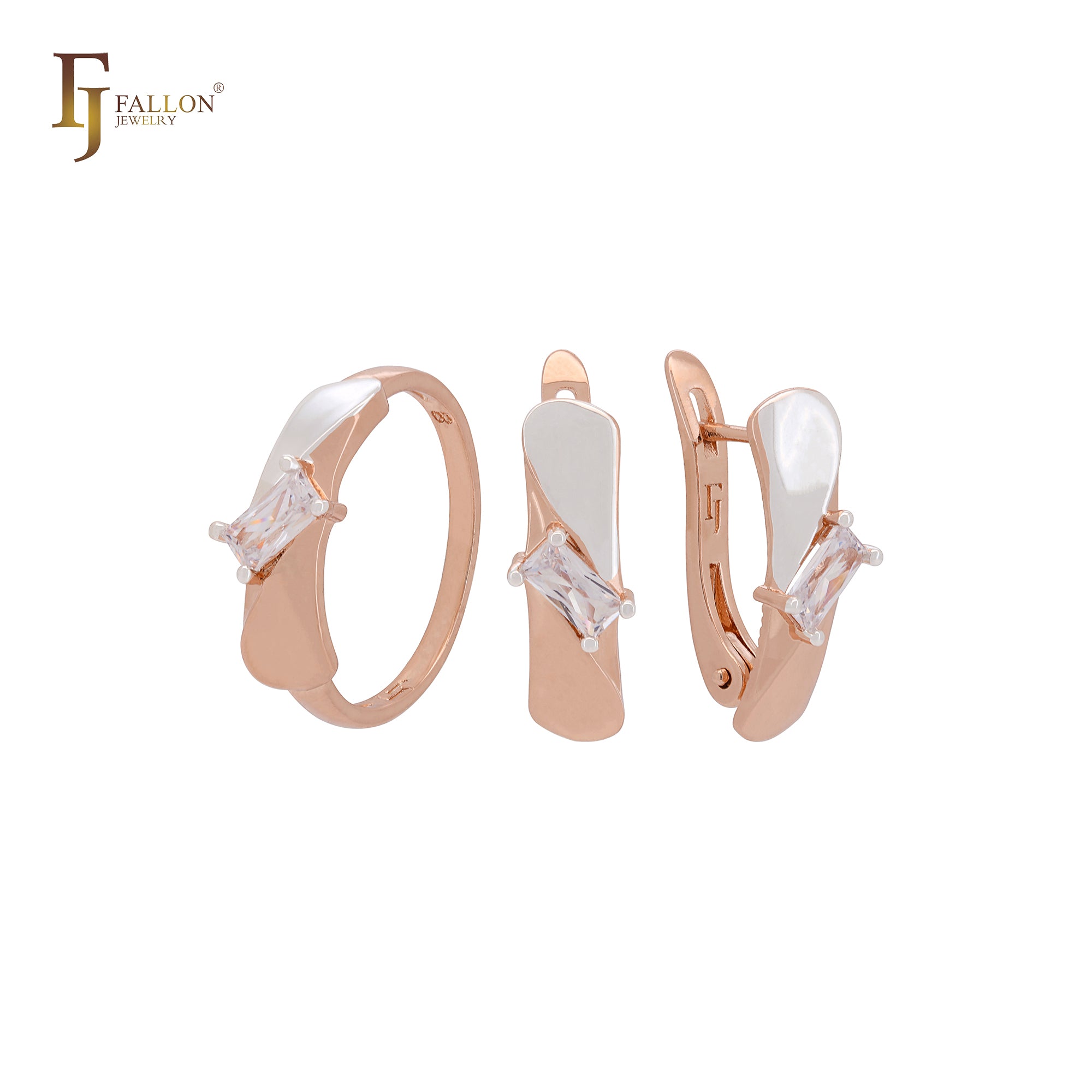 Conjunto de joyas de oro rosa bicolor con solitario de circonita blanca de corte rectangular y anillos