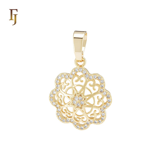Octagon Flower halo white CZs 14K Gold Filigree Pendant