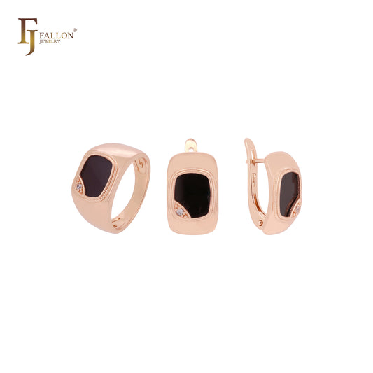 Conjunto de joyas de oro rosa negro ancho y ovalado con anillos