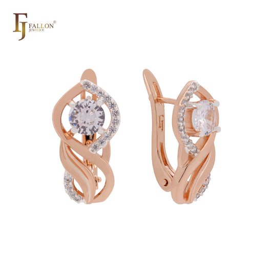 Pendientes de clip de oro rosa de dos tonos con pluma de fénix y circonitas blancas