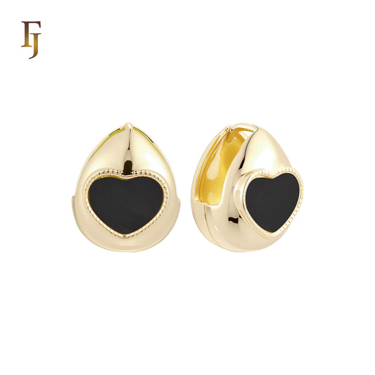 Heart of Black or white onyx Basket drop shaped 14K Gold Huggie Earrings