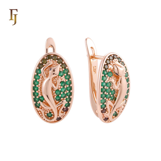 Chameleon of multi Emerald Green CZs cluster Rose Gold Russian Lock Earrings