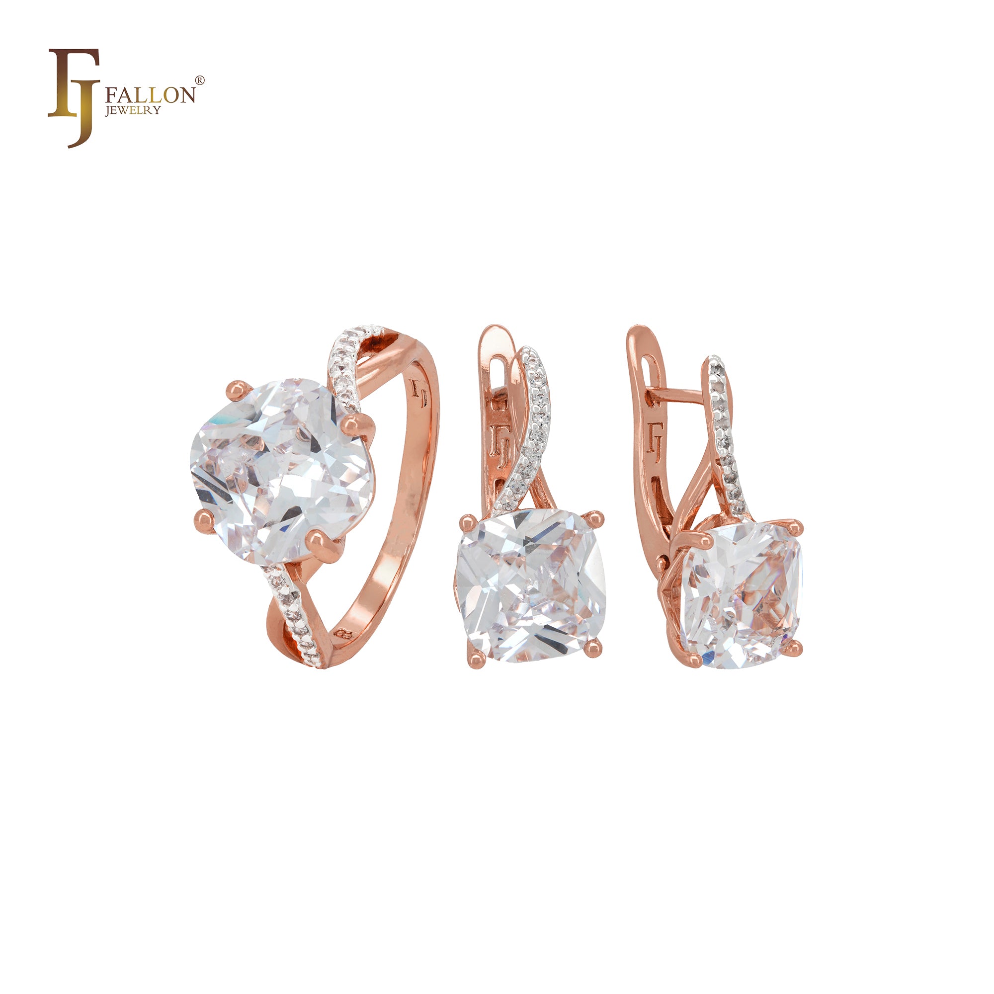 Conjunto de joyas en dos tonos de oro rosa con solitario de circonitas blancas y circonitas blancas pavimentadas y anillos.