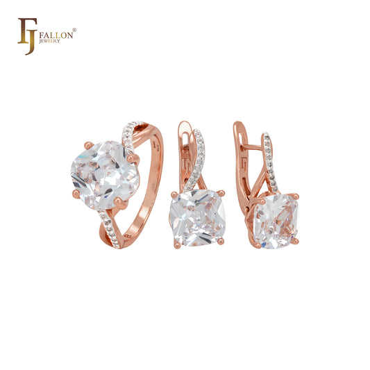 Conjunto de joyas en dos tonos de oro rosa con solitario de circonitas blancas y circonitas blancas pavimentadas y anillos.