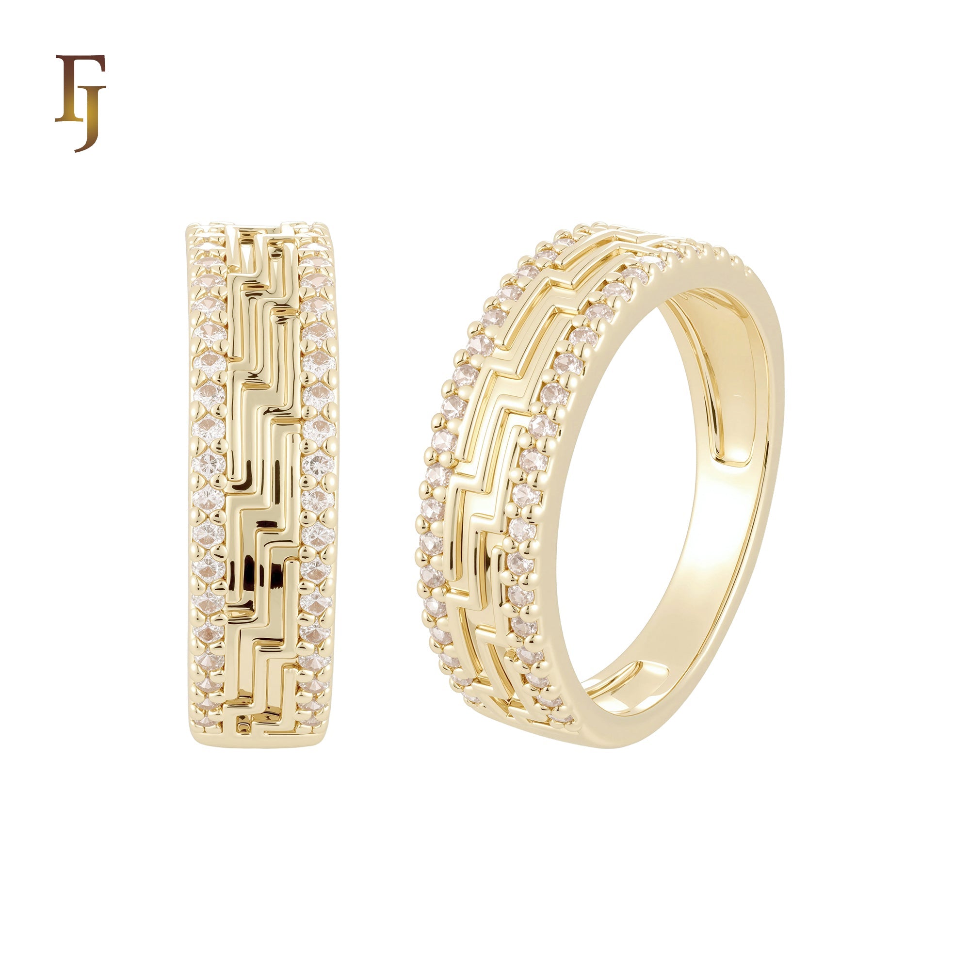 Solitaire white CZs Greek Key Double bands of white CZs 14K Gold, Rose Gold Wedding Set Rings