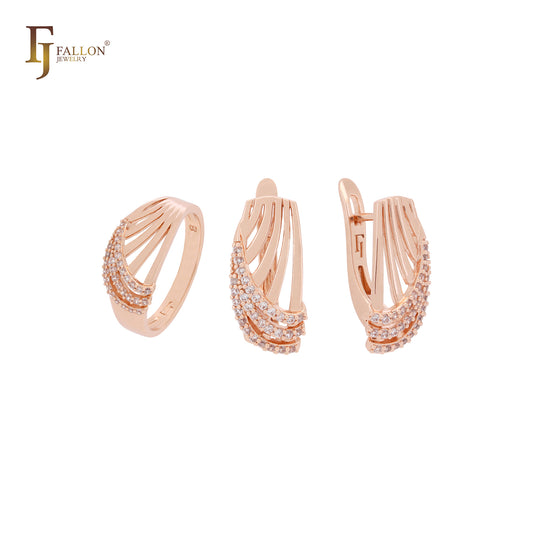 Conjunto de joyas de oro rosa con anillos y capas de triple circonita blanca entrelazadas con mil lazos