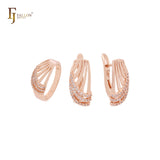 Conjunto de joyas de oro rosa con anillos y capas de triple circonita blanca entrelazadas con mil lazos