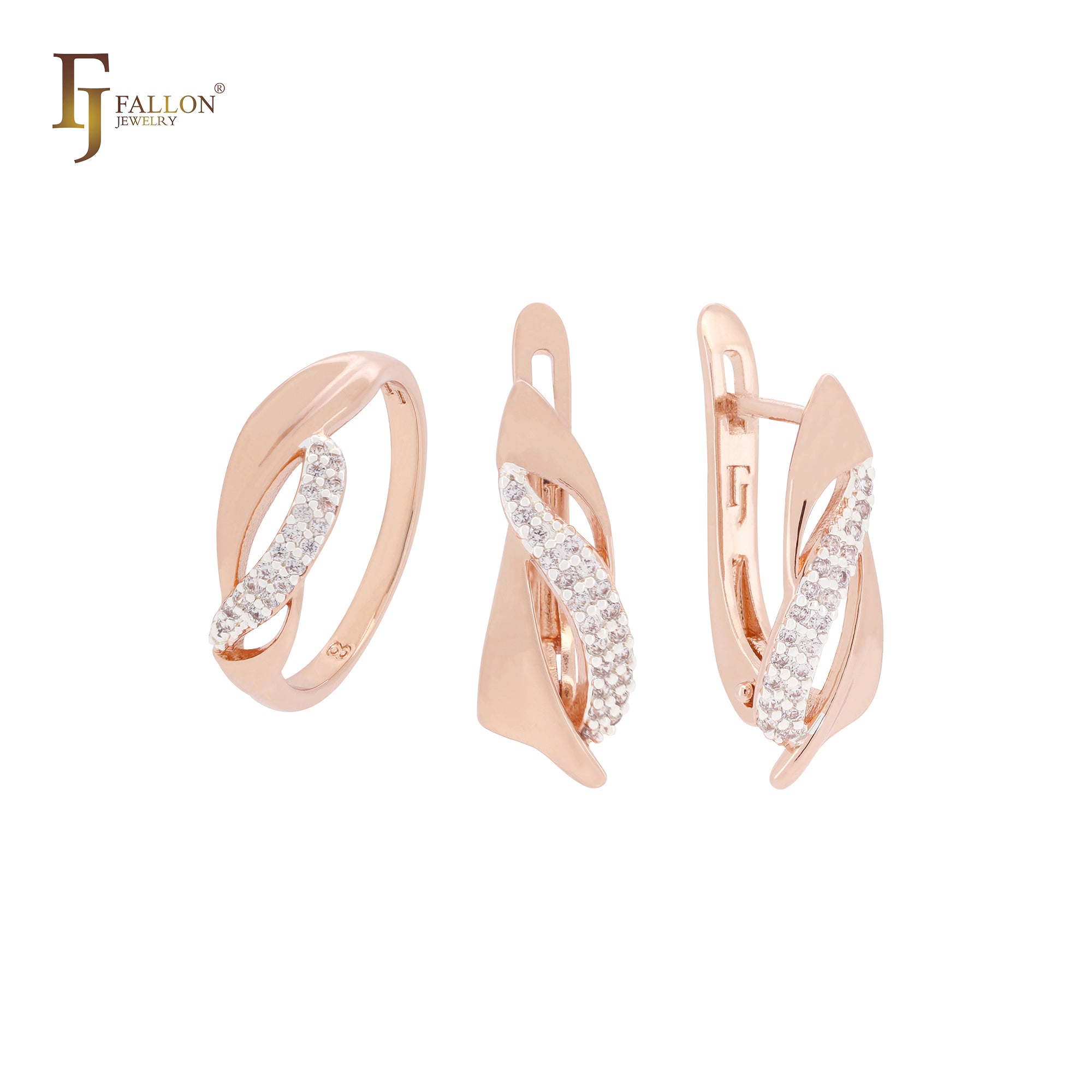 Conjunto de joyas de dos tonos en oro rosa con anillos y cintas entrelazadas de circonitas blancas