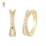 Double Cross Paved white CZs 14K Gold, Rose Gold Wedding Set Rings