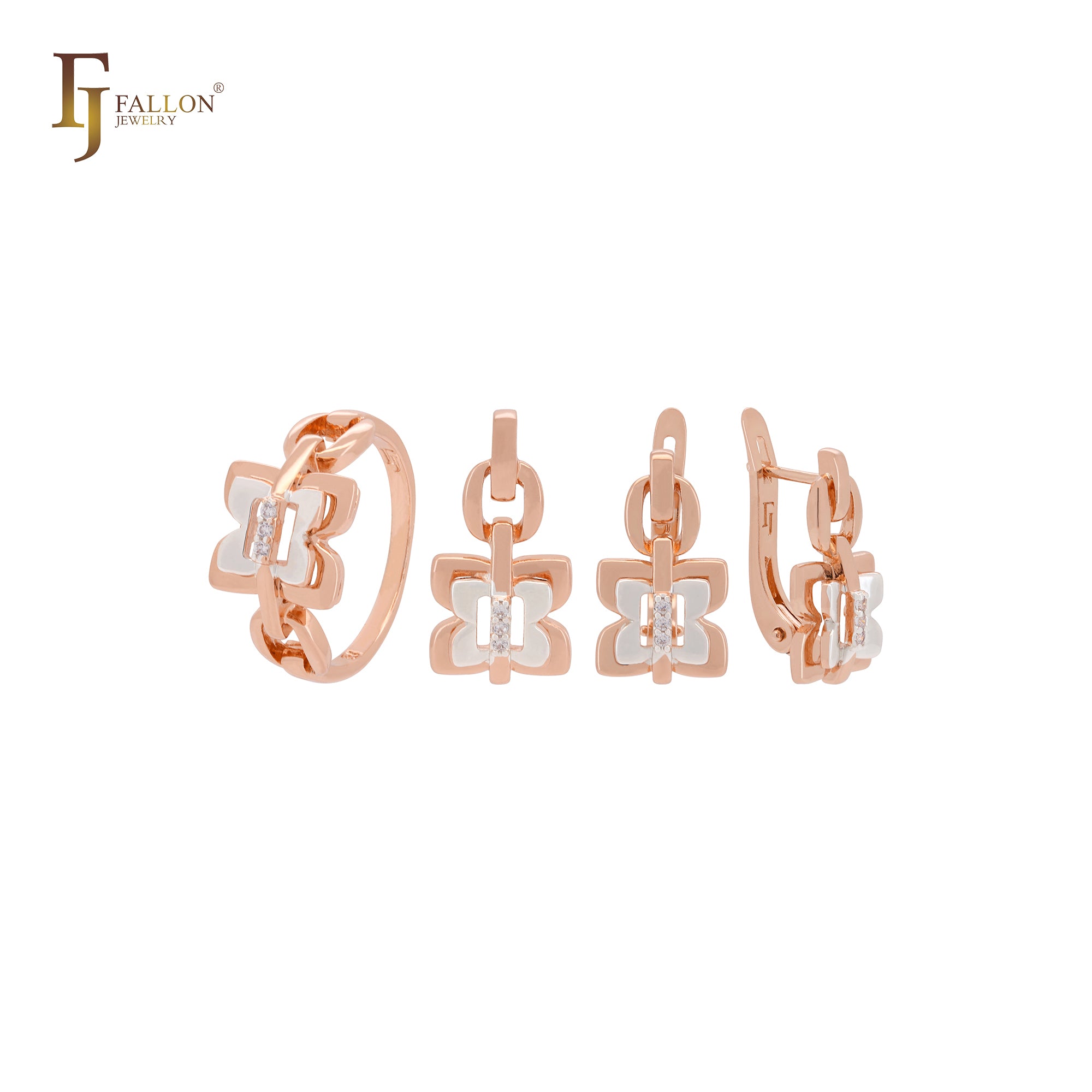 Conjunto de joyas de oro rosa de dos tonos con anillos y cierre de doble mariposa con circonitas blancas