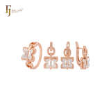 Conjunto de joyas de oro rosa de dos tonos con anillos y cierre de doble mariposa con circonitas blancas