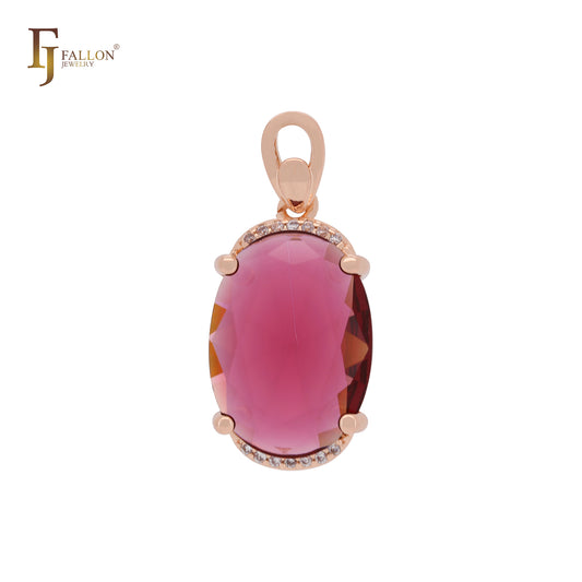 Pingente solitário gigante oval com zircônia cúbica rosa vermelha e ouro rosa