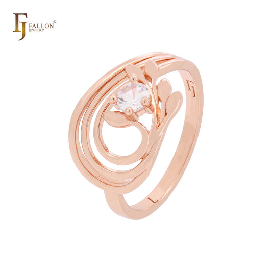 Anillos de moda de oro rosa con circonitas blancas y tres filas de ramas y hojas