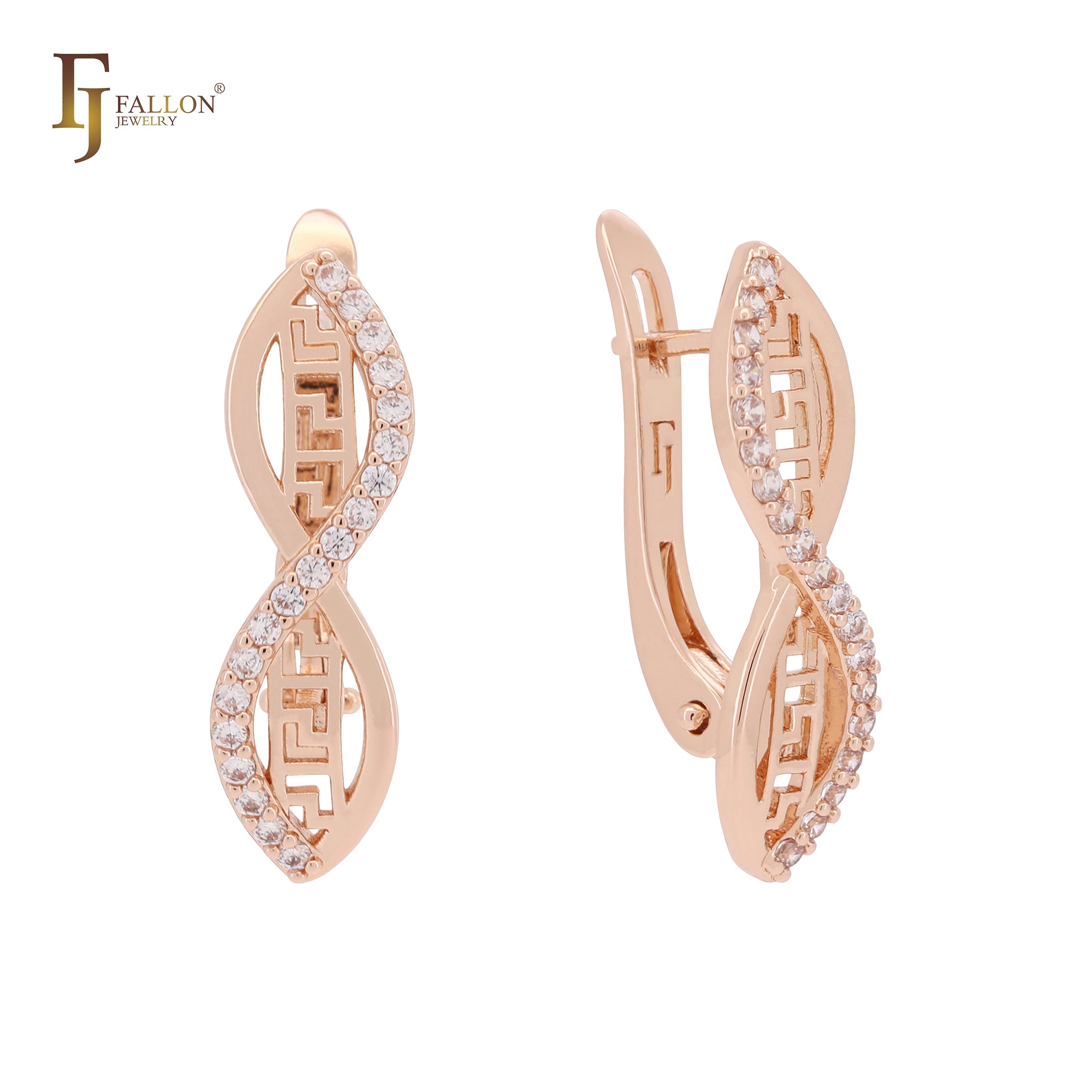 Pendientes de clip de oro rosa con circonitas blancas y cruz de marquesa con llave griega