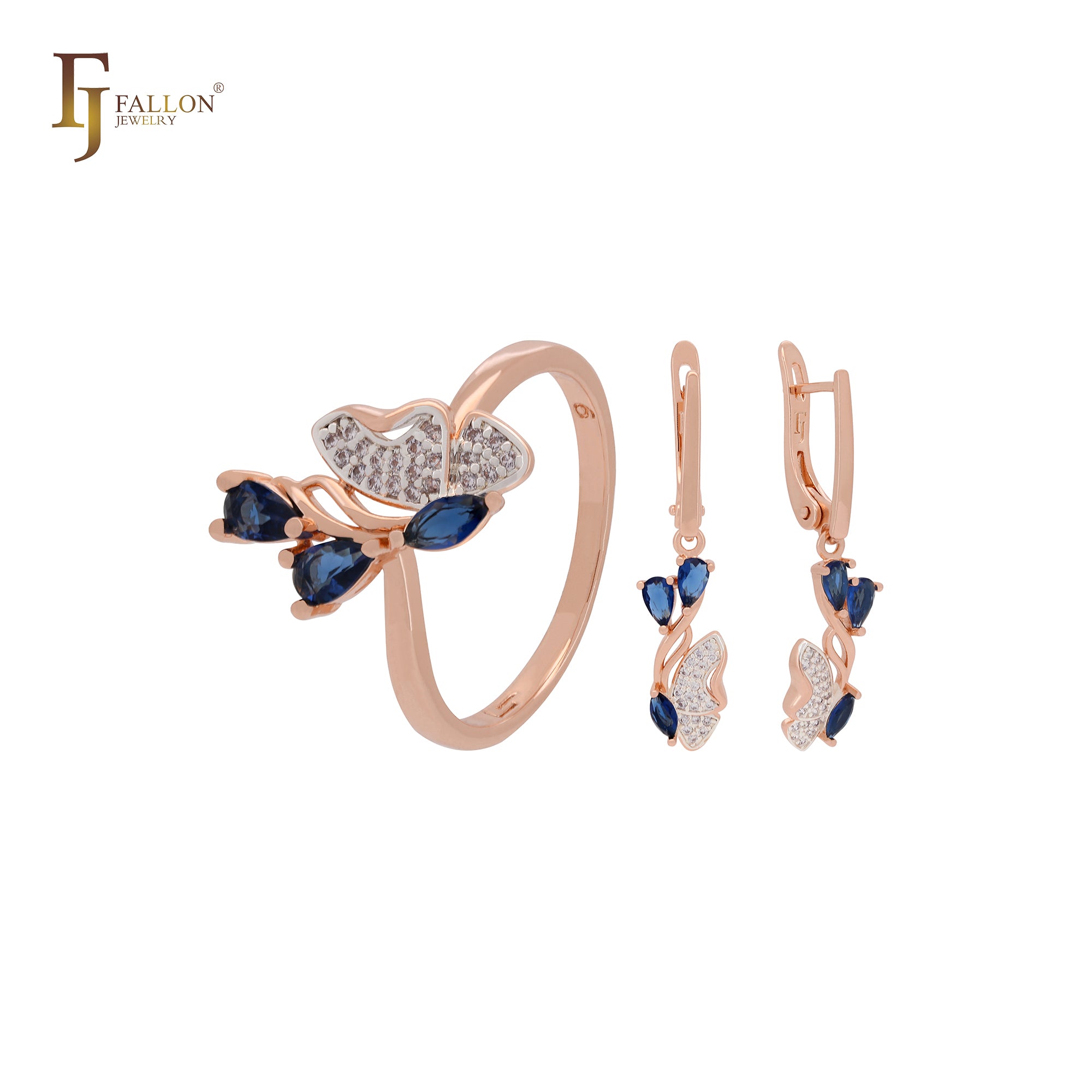 Conjunto de joyas en dos tonos de oro rosa con anillos y mariposa de circonitas blancas en racimo con circonitas azul profundo