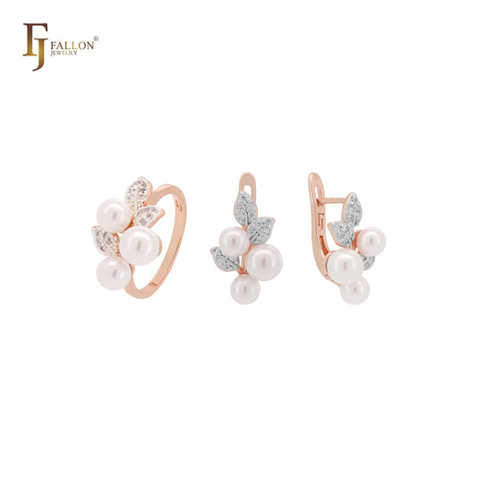 Conjunto de joias em dois tons com três pérolas e folhas em ouro rosa e anéis