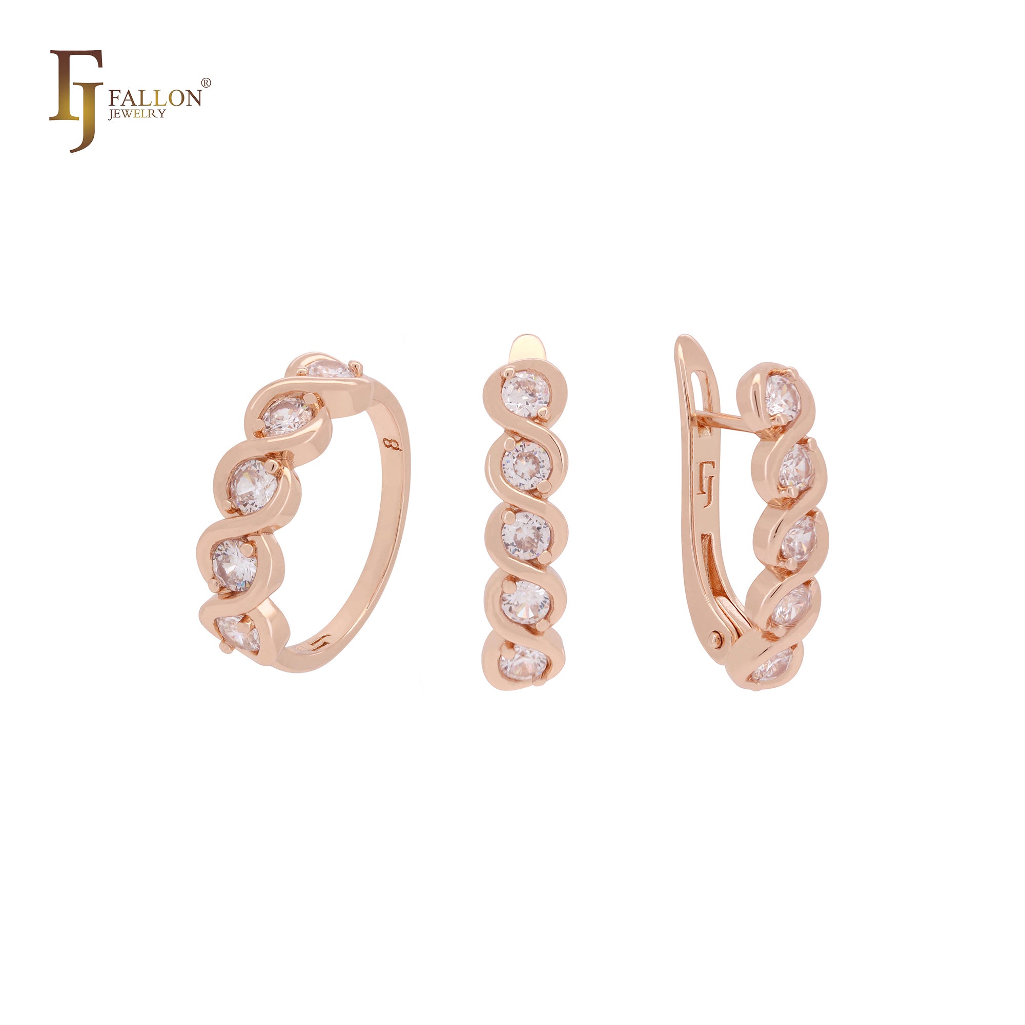 Schmuckset aus Roségold mit fünf runden weißen Zirkonia-Clustern und Ringen