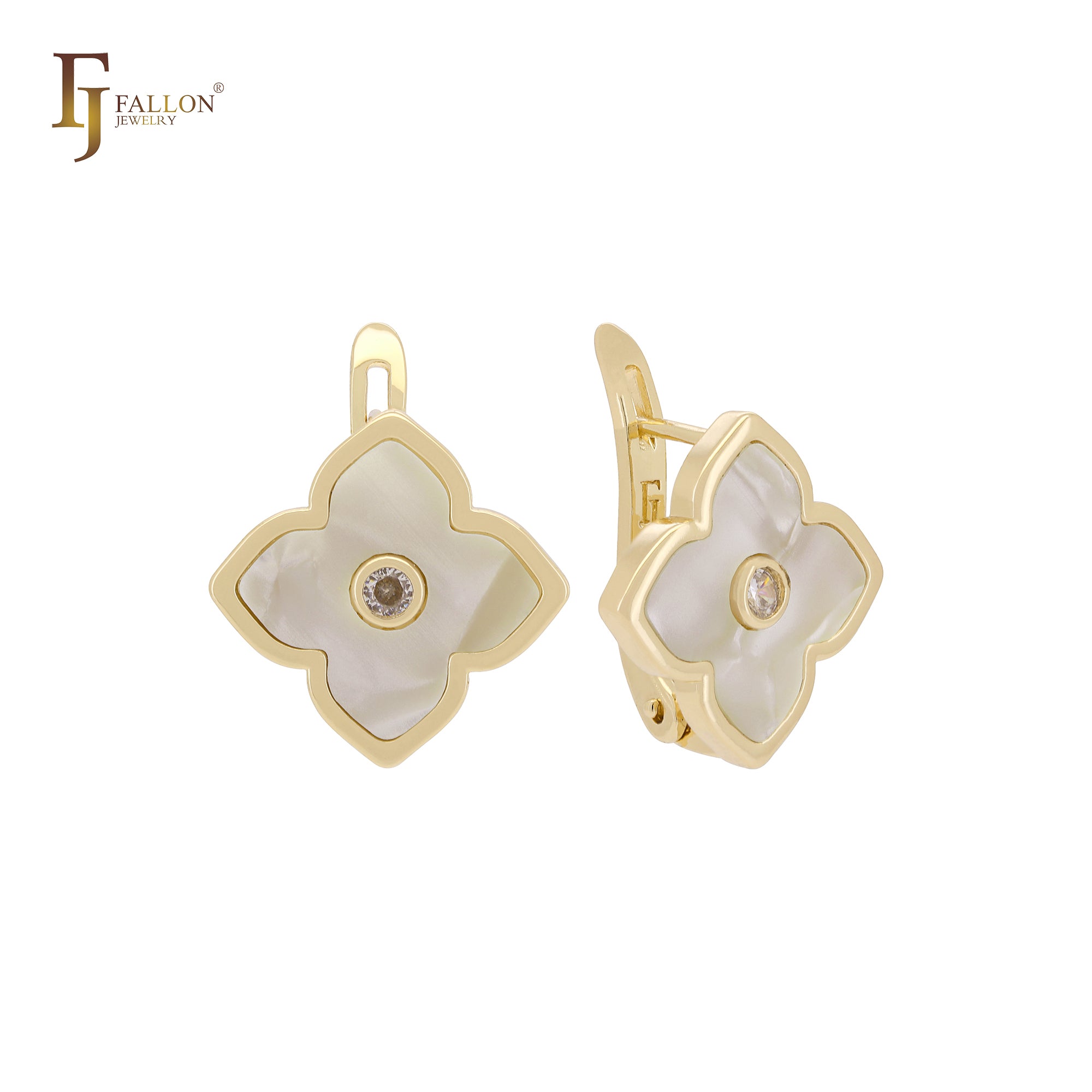 Pendientes de clip de oro rosa con trébol de la suerte de color blanco o negro de loto