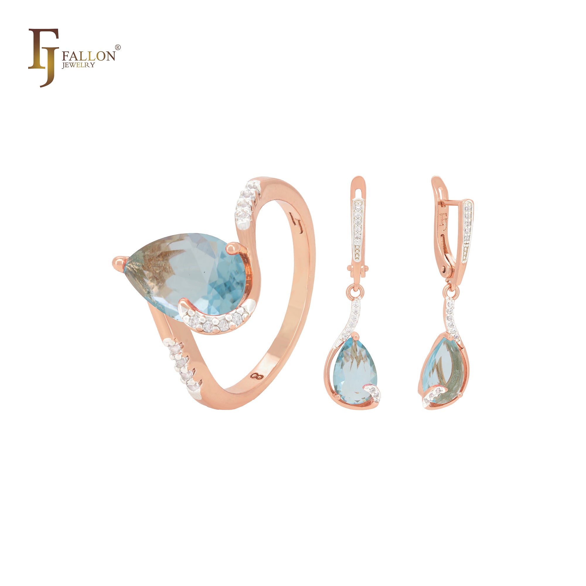 Solitario de circonita rosa en forma de pera con circonitas blancas. Conjunto de joyas de oro rosa de dos tonos con anillos.
