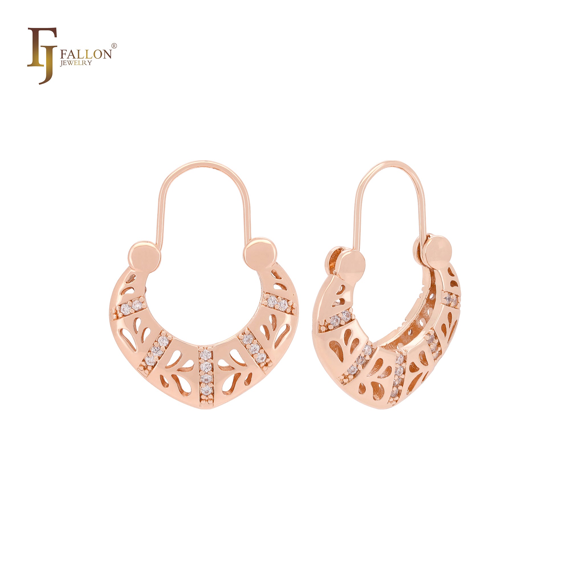 Pendientes de gancho de alambre en oro rosa con circonitas blancas mixtas y canasta de gotas