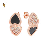 Hearty Heart double disc of white or black onyx and white CZs cluster 14K Gold, Rose Gold Stud Earrings